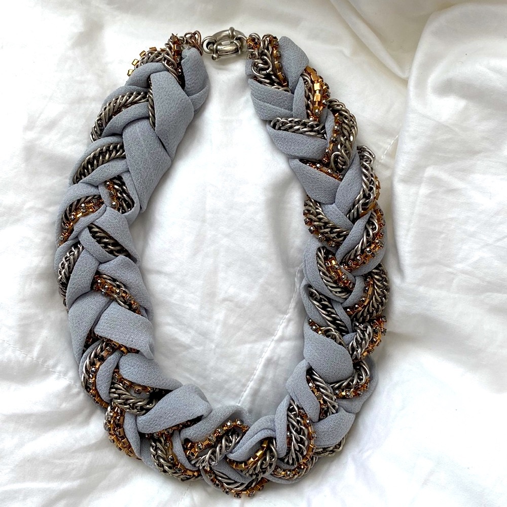J. Crew Chunky Necklace Braided with Fabric, Rhinestones, and Chain